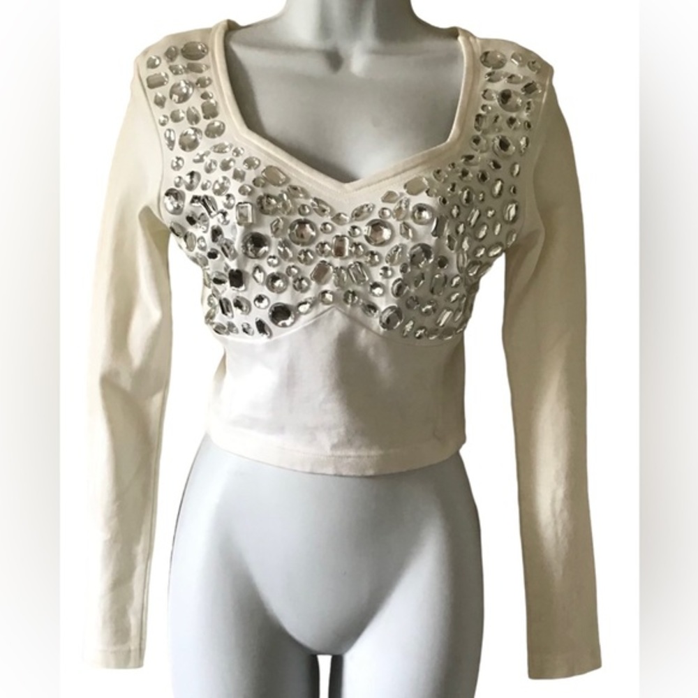 Contempo Casuals Ivory BeJeweled‎ Cropped Long Sleeve Vintage Top Sz M Y2K 90’s